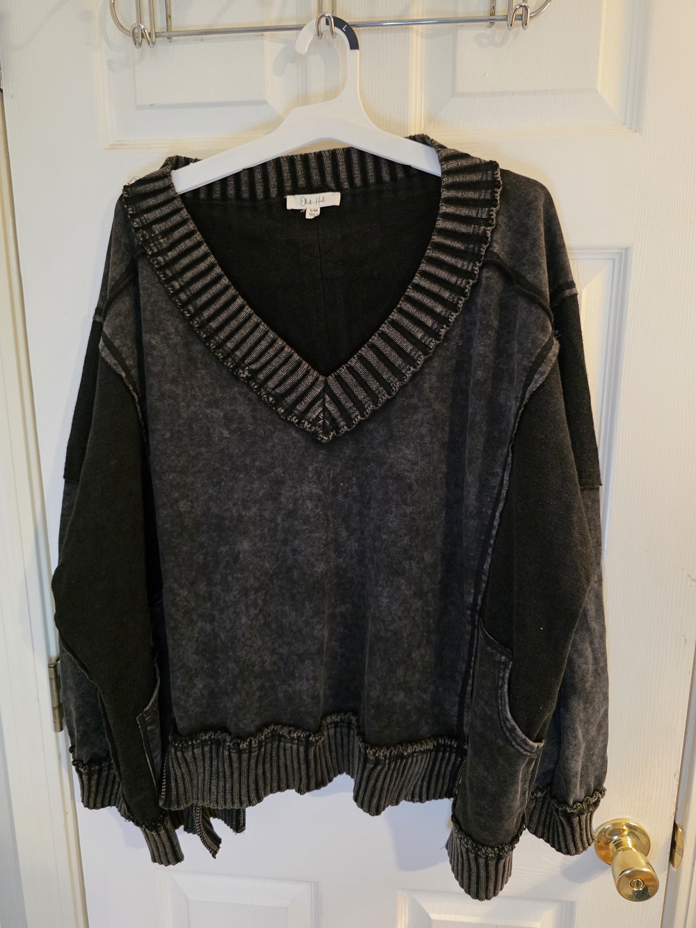 Oli & Hali Washed Black V-Neck Ribbed Trim Sweater